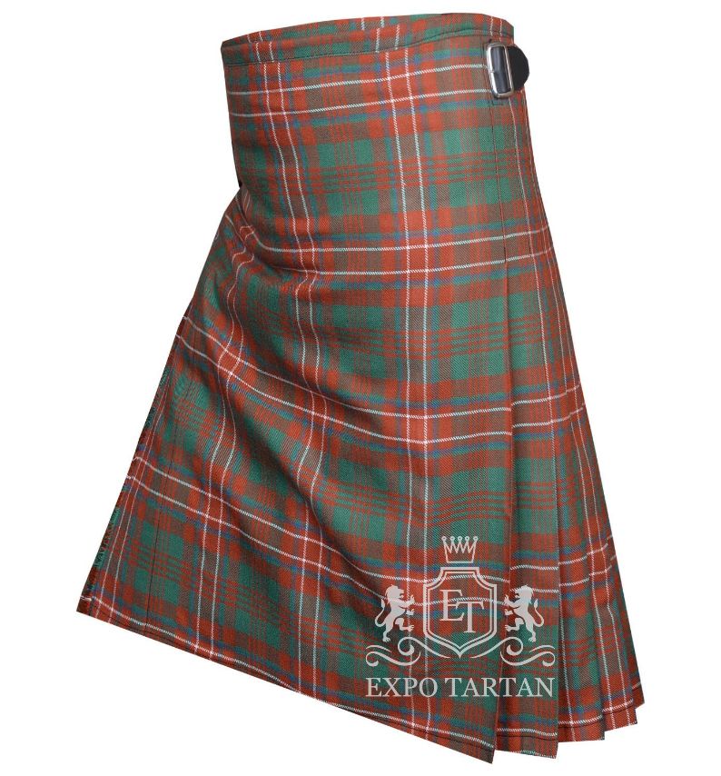 Men's Wilson Ancient Tartan Kilt showing traditional knife pleats and side straps in a weathered red and green sett, intricately intersected by blue and crisp white overchecks