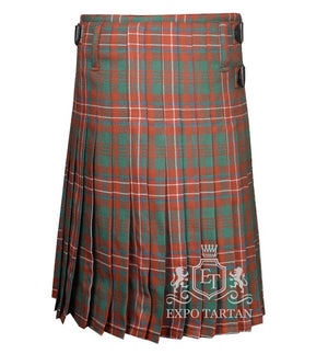 Men's Wilson Ancient Tartan Kilt showing traditional knife pleats and side straps in a weathered red and green sett, intricately intersected by blue and crisp white overchecks