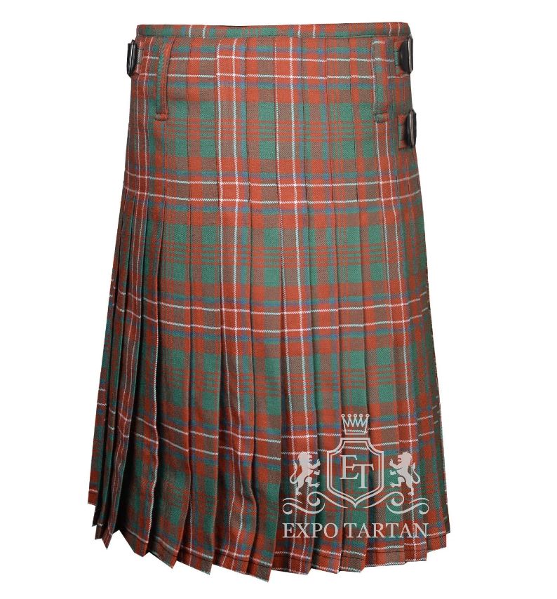 Men's Wilson Ancient Tartan Kilt showing traditional knife pleats and side straps in a weathered red and green sett, intricately intersected by blue and crisp white overchecks