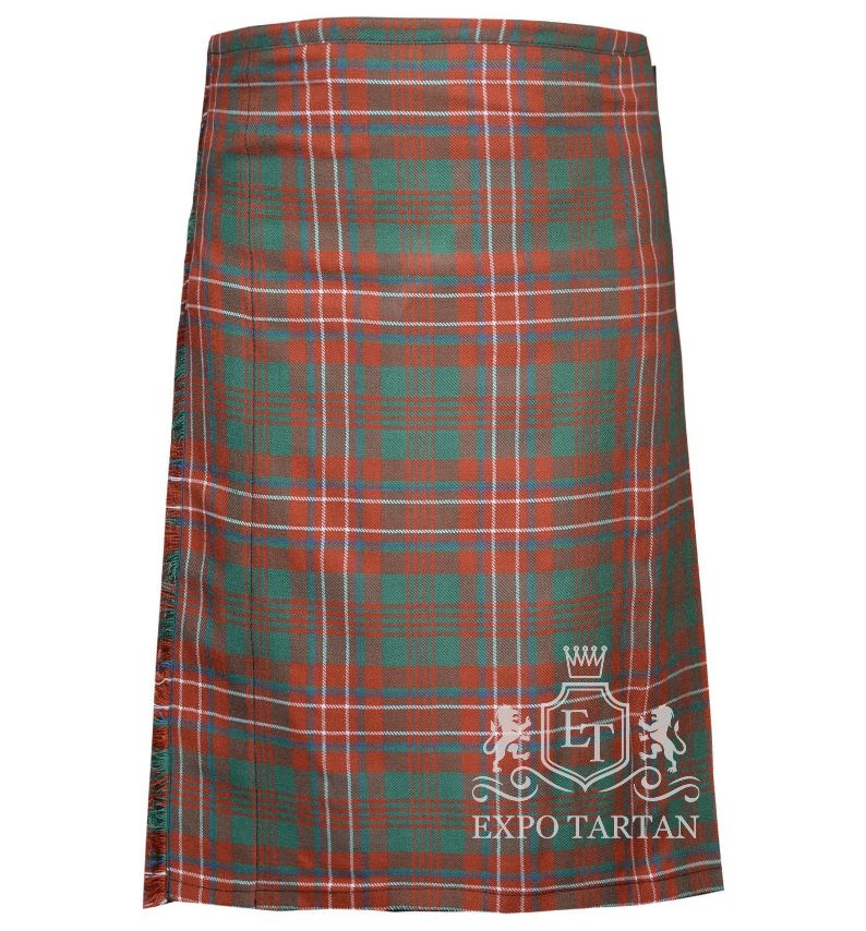 Men's Wilson Ancient Tartan Kilt showing traditional knife pleats and side straps in a weathered red and green sett, intricately intersected by blue and crisp white overchecks