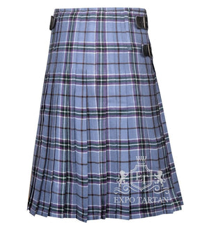 Men's World Peace Tartan Kilt showing traditional knife pleats and side straps in a soft light blue sett, intricately intersected by purple bands and clean white grid overchecks
