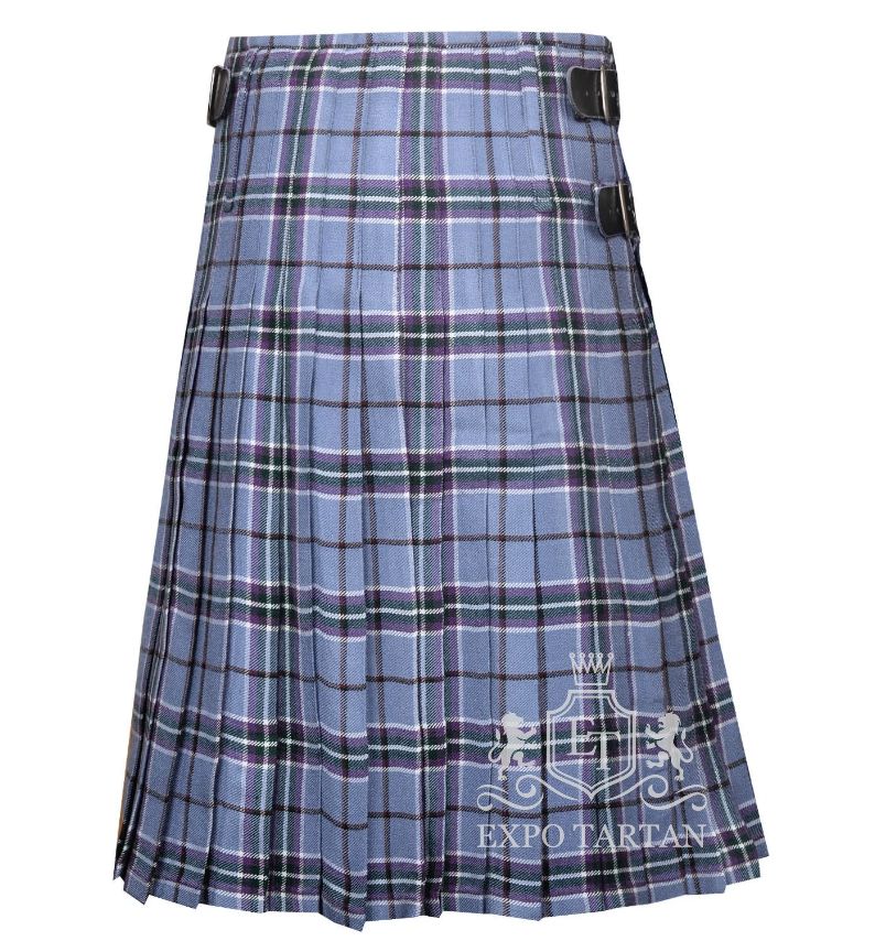 Men's World Peace Tartan Kilt showing traditional knife pleats and side straps in a soft light blue sett, intricately intersected by purple bands and clean white grid overchecks