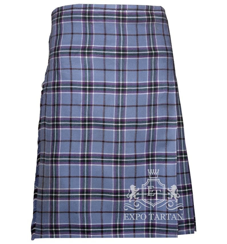Men's World Peace Tartan Kilt showing traditional knife pleats and side straps in a soft light blue sett, intricately intersected by purple bands and clean white grid overchecks