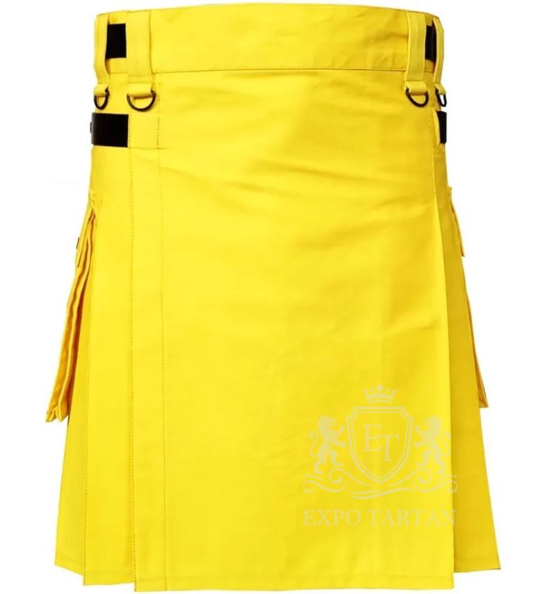 Yellow Cotton Utility Kilt Gothic Punk Leather Straps with Cargo Pocket
