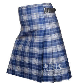 Men's Yorkshire Tartan Kilt showing traditional knife pleats and side straps in a royal blue and light blue sett, intricately intersected by clean white grid lines and overchecks