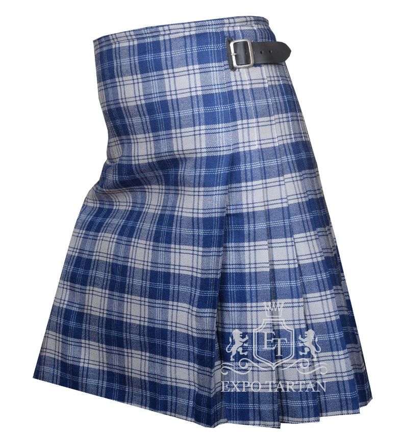 Men's Yorkshire Tartan Kilt showing traditional knife pleats and side straps in a royal blue and light blue sett, intricately intersected by clean white grid lines and overchecks