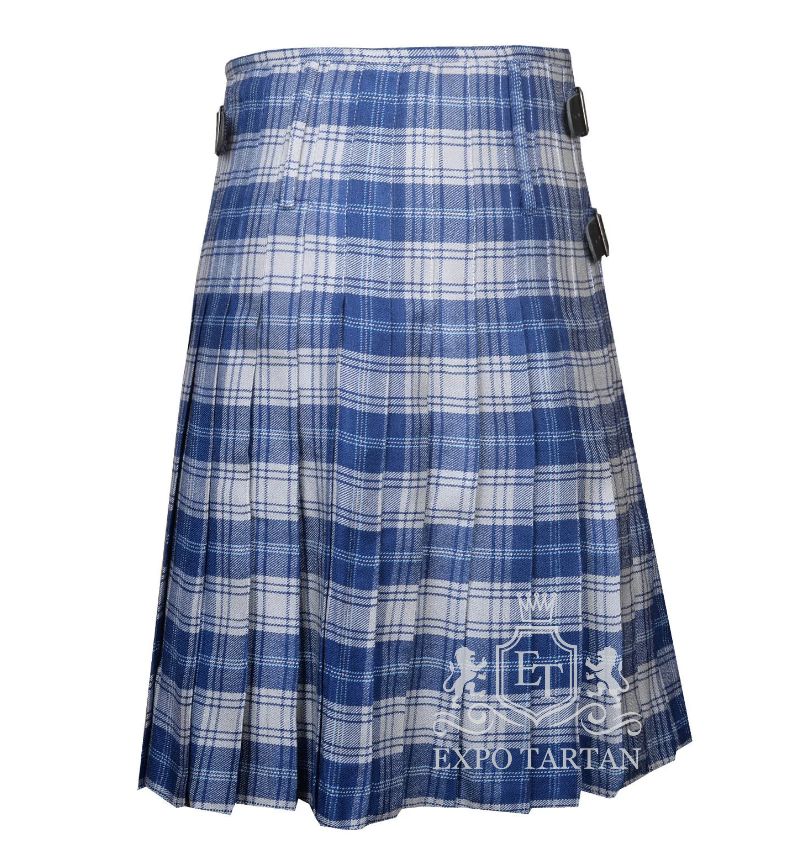 Men's Yorkshire Tartan Kilt showing traditional knife pleats and side straps in a royal blue and light blue sett, intricately intersected by clean white grid lines and overchecks