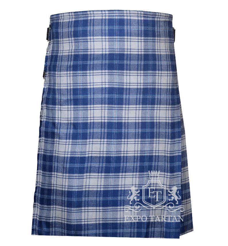 Men's Yorkshire Tartan Kilt showing traditional knife pleats and side straps in a royal blue and light blue sett, intricately intersected by clean white grid lines and overchecks