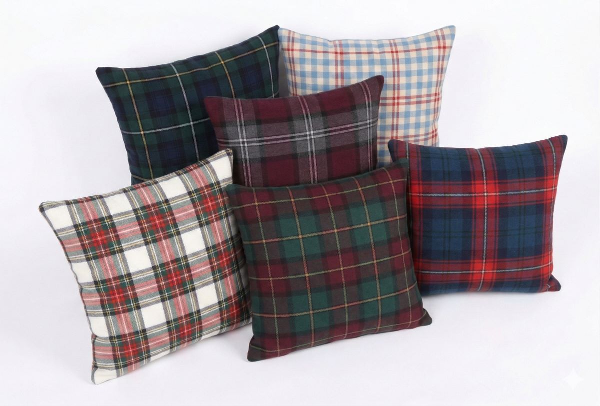 Set of plaid patterned pillows on a white background